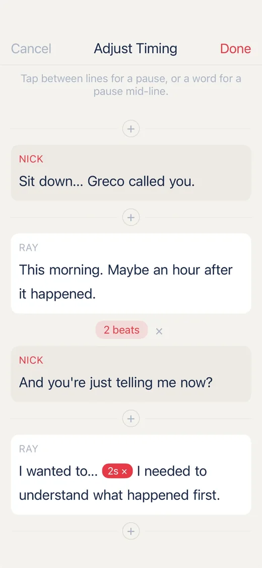Adjust Timing in the SideRunner iPhone app, showing a two-beat pause between lines and a two-second pause inside a line