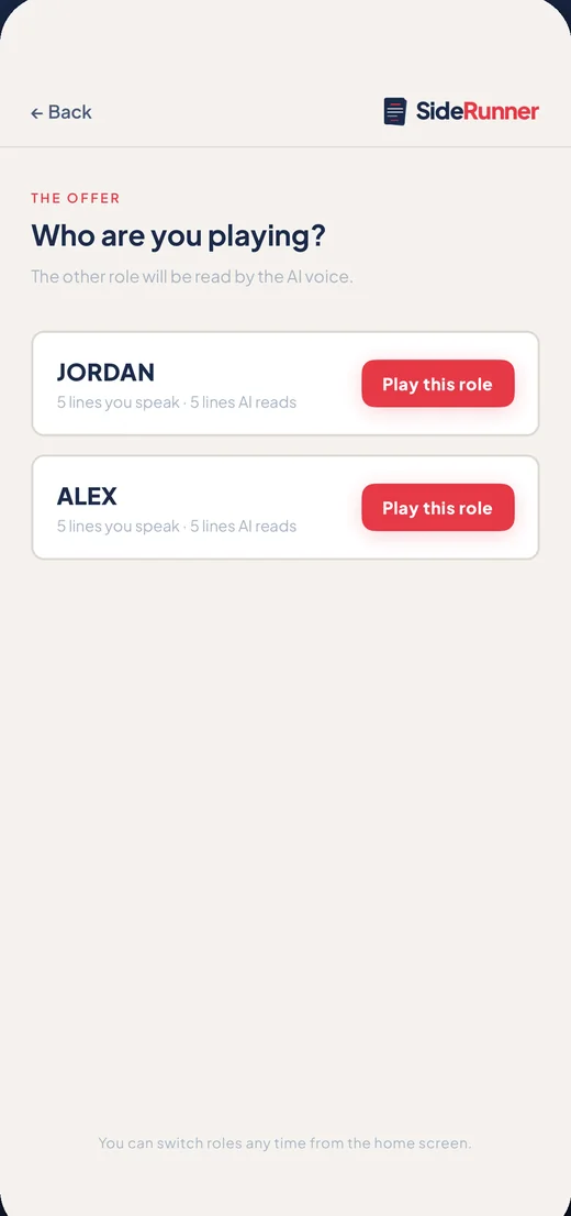 Choosing which character you're playing in the SideRunner iPhone app