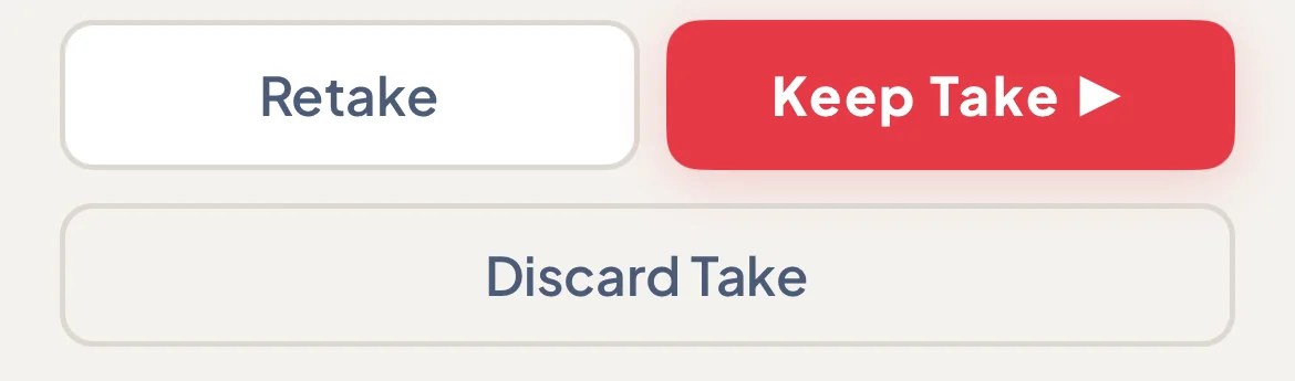 Review controls after recording a take in the SideRunner iPhone app: Retake, Keep Take and Discard Take