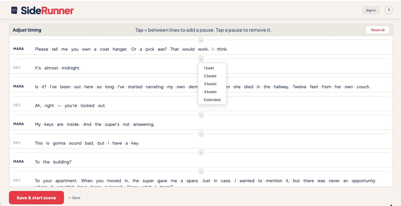 Adjust Timing in the SideRunner web app, with the pause-length selector open showing 1 beat, 2 beats, 3 beats, 4 beats and Extended