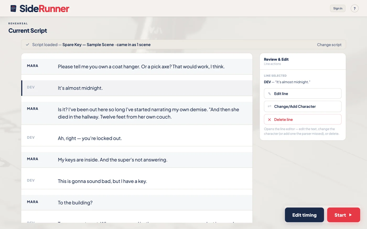 Review & Edit in the SideRunner web app with a line selected, showing Edit line, Change character and Delete line
