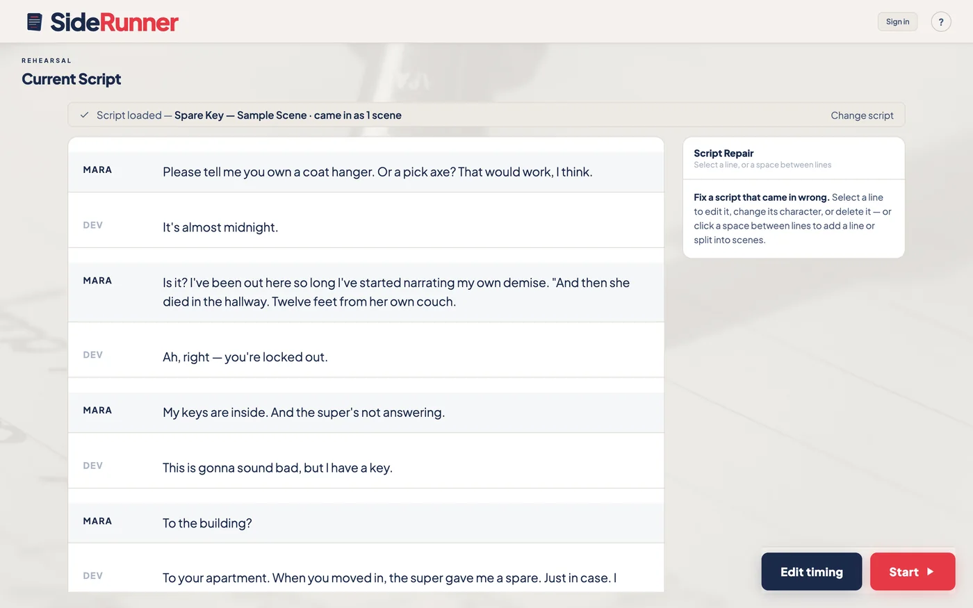 The SideRunner web app showing an imported scene, with the actor's lines distinguished from the reader's